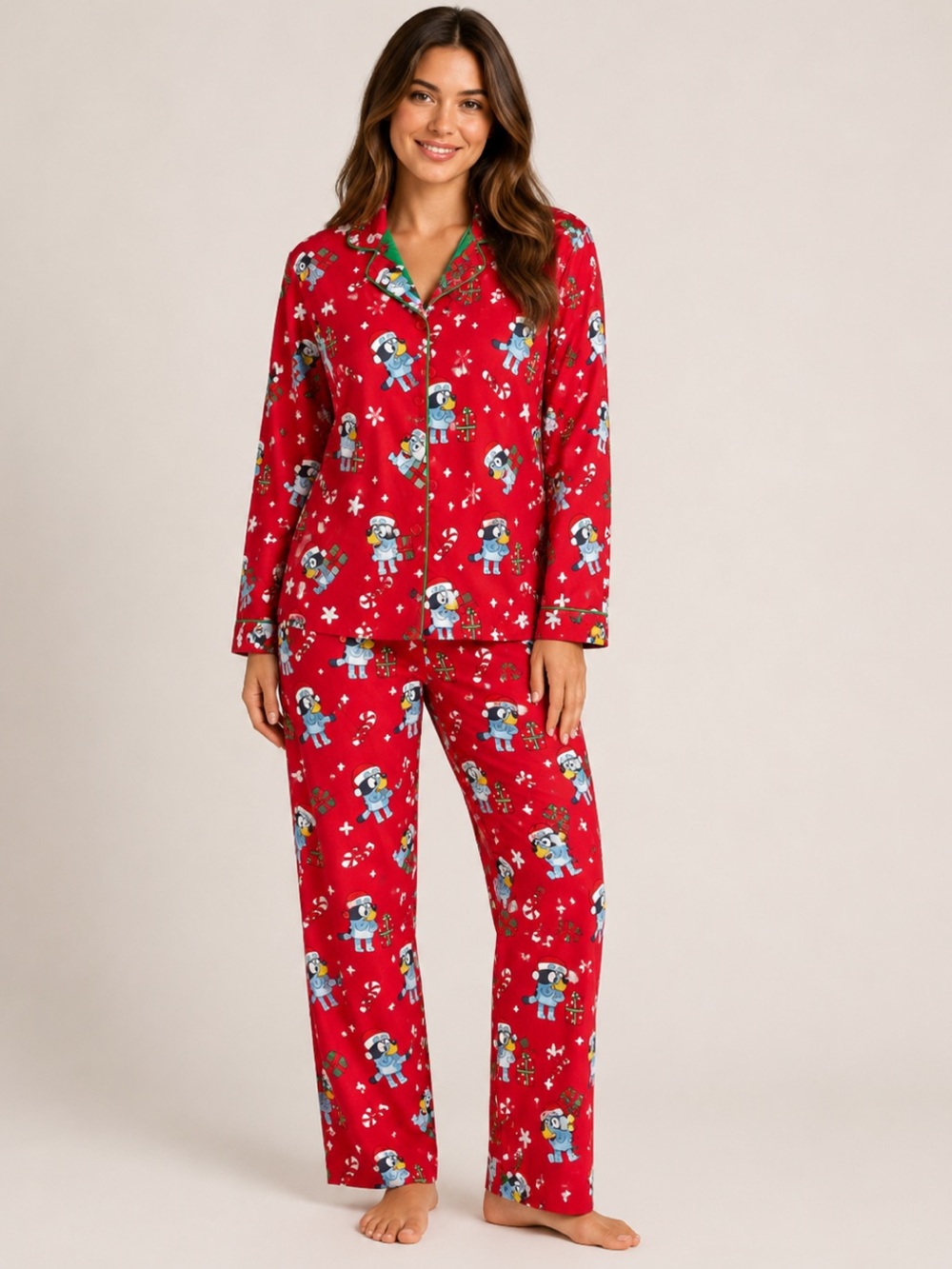 Women’s BLUEY Christmas Flannel Pajama Set/Bright Red/Gifts & Candy Canes